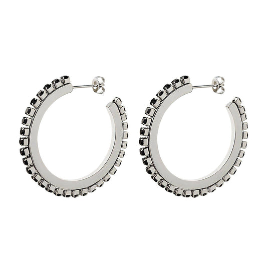 Stainless Steel Hoop With Jet CZ Earrings